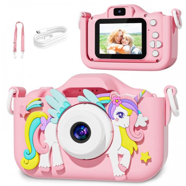 RIVGOT Kids Camera, 20MP Digital Camera for Age 3-5, Toddler Camera with HD IPS Screen, Time-Lapse, Games, USB Rechargeable, Pink