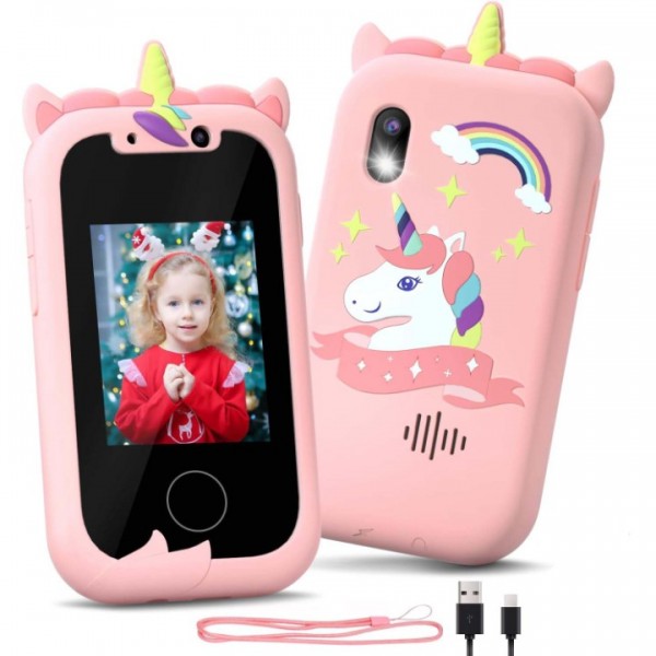 RIVGOT Kids Phone, Toddler Toy Phone for 3 4 5 6 7 8 9 10 11 12 Year Old Girls Boys, Kids Fake Phone with Camera, Music Player, Painting, Best Kids Birthday Gift Toy with SD Card - Pink