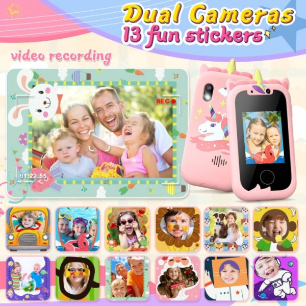 RIVGOT Kids Phone, Toddler Toy Phone for 3 4 5 6 7 8 9 10 11 12 Year Old Girls Boys, Kids Fake Phone with Camera, Music Player, Painting, Best Kids Birthday Gift Toy with SD Card - Pink