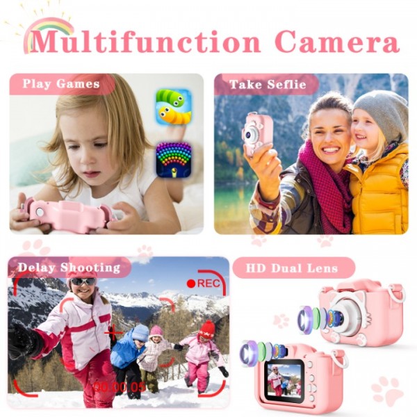 RIVGOT Kids Camera, Toy Camera for Kids Aged 3 4 5 6 7 8 9 10 11 12, 1080P HD Toddler Digital Video Camera, Children's Camera for Boys and Girls, Perfect Christmas & Birthday Gifts - Pink