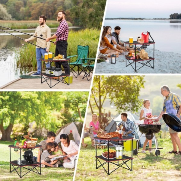 HiiPeak Camping Table, Folding Picnic Table with 4 Cup Holders and Carrying Bag, Portable Camp Table with Handle Design for BBQ Outdoor Fishing Beach Picnic Travel, Camping Essentials Black Table