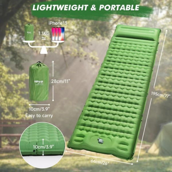 HiiPeak Sleeping Pad - Ultralight Inflatable Sleeping Mat with Built-in Foot Pump, Durable Compact Waterproof Camping Air Mattress for Camping, Backpacking, Hiking, Tent Trap Traveling (Green)