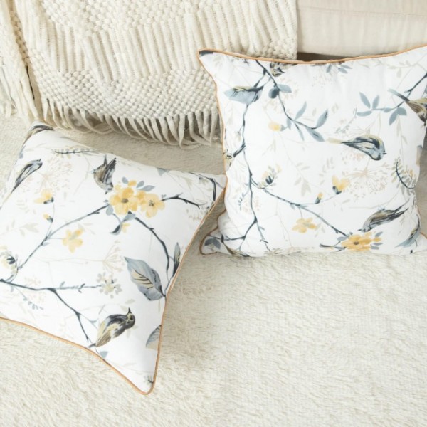 Square Decorative Throw Pillow Covers, Botanical Grey Birds Printed Soft Touch Cushion Covers, 18 x 18 Inches Throw Pillowcase for Sofa Bed, Set of 2