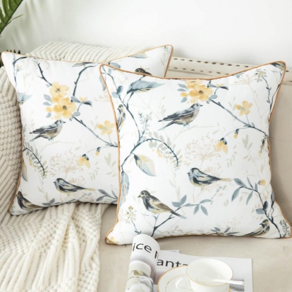 Square Decorative Throw Pillow Covers, Botanical Grey Birds Printed Soft Touch Cushion Covers, 18 x 18 Inches Throw Pillowcase for Sofa Bed, Set of 2